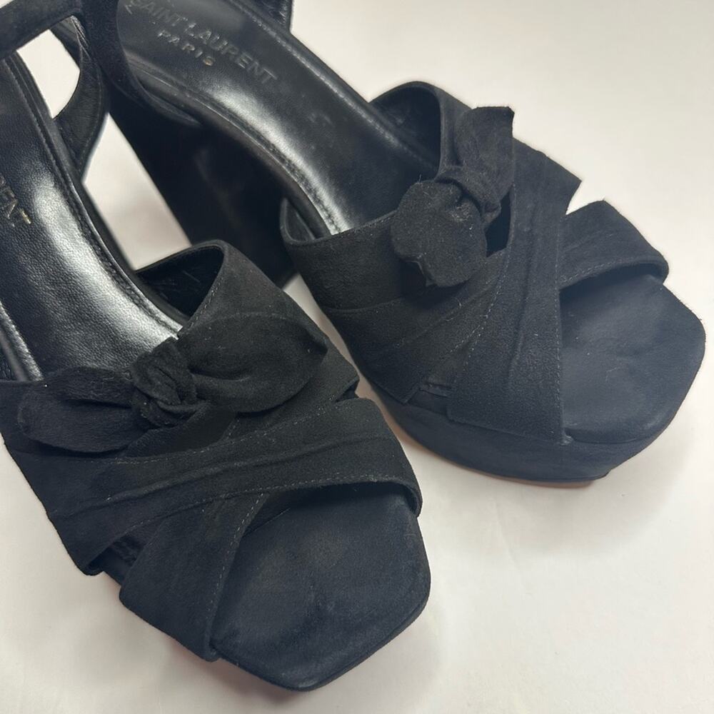Saint Laurent Paris Candy Bow Black Suede Platform Sandals IT 38 US 8 Authentic - Picture 4 of 15